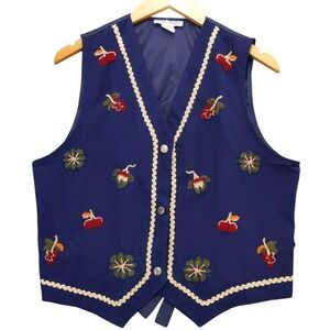 vtg David Hollis Vest Embroidered Cherries Flowers Fitted‎ Waistcoat Grannycore